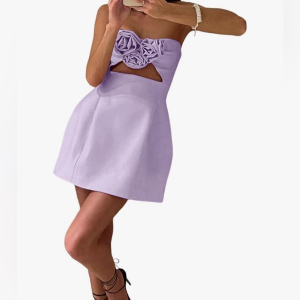 3D flowers Satin short homecoming dress, strapless, cut-out, above knee length